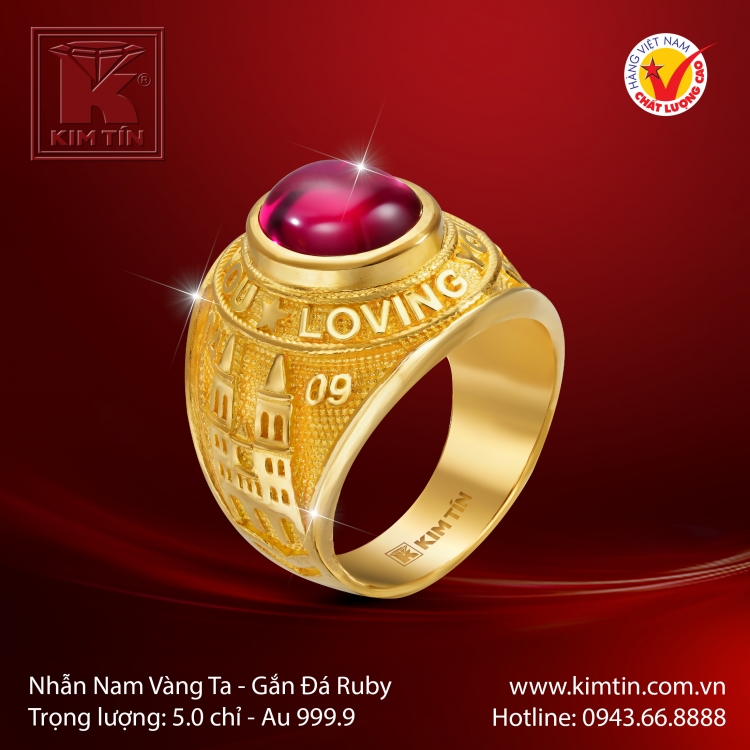 Nhẫn Nam Vàng 24K Gắn Đá Ruby