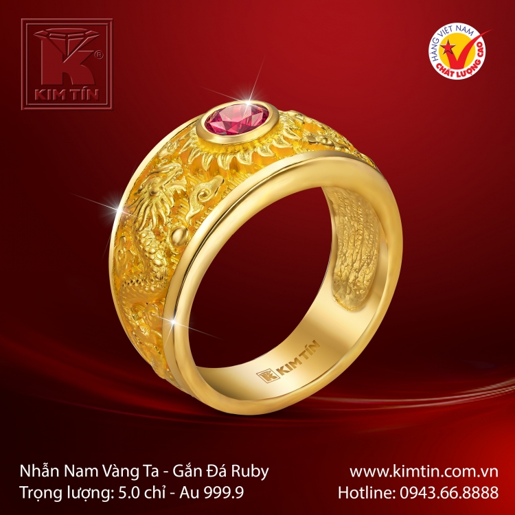 Nhẫn Nam Vàng 24K Gắn Đá Ruby