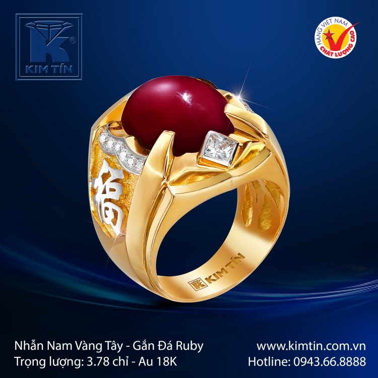 Nhẫn Nam Vàng Tây Gắn Đá Ruby